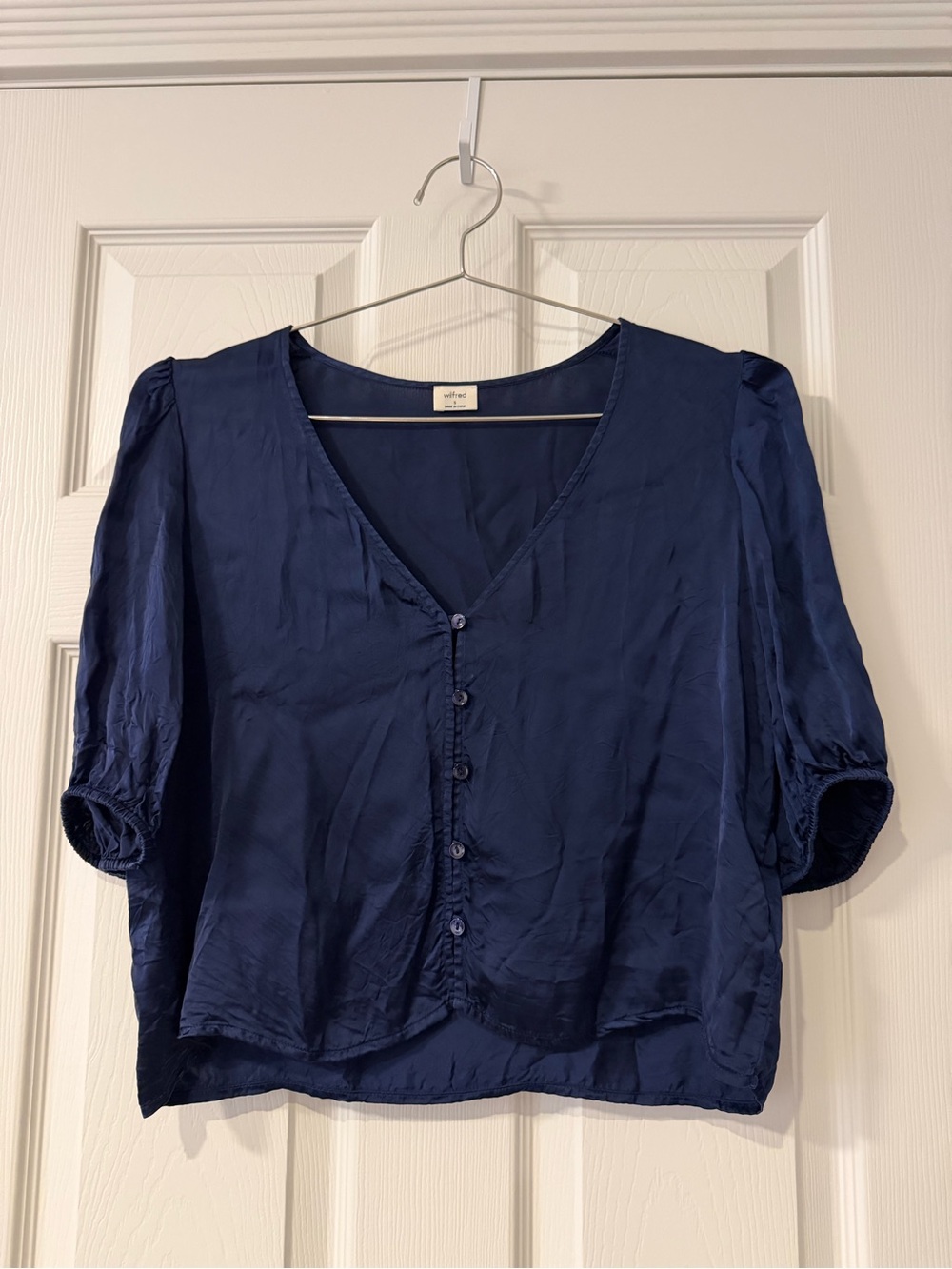 Wilfred Navy Silk-Blend V-Neck Button Front Blouse